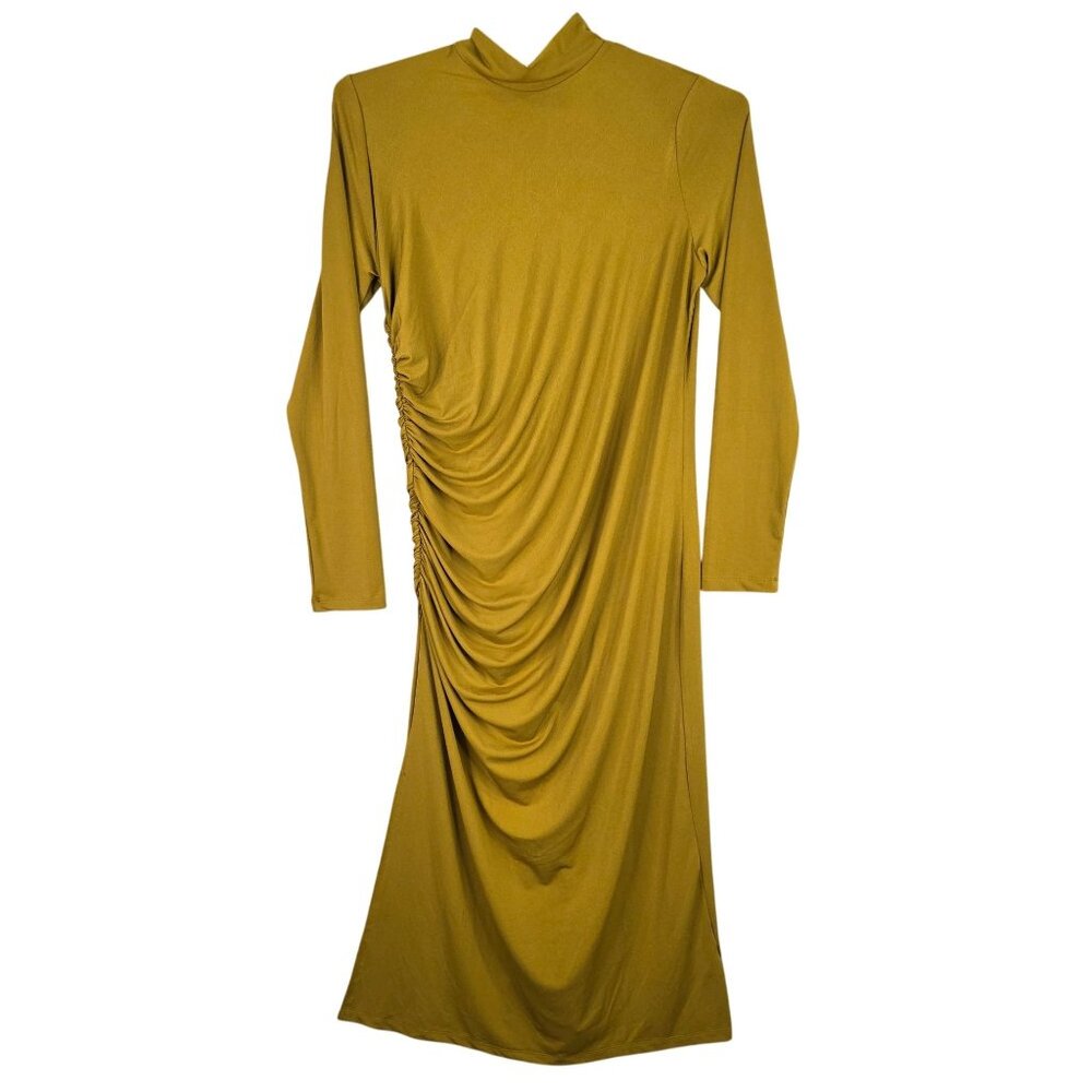 Womens H&M Yellow Ruched Midi Dress Turtleneck Long Sleeve Polyester Stretch XL